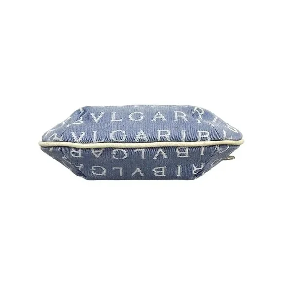 BVLGARI Logo Mania Light Blue Cream Jacquard Leather Shoulder Bag